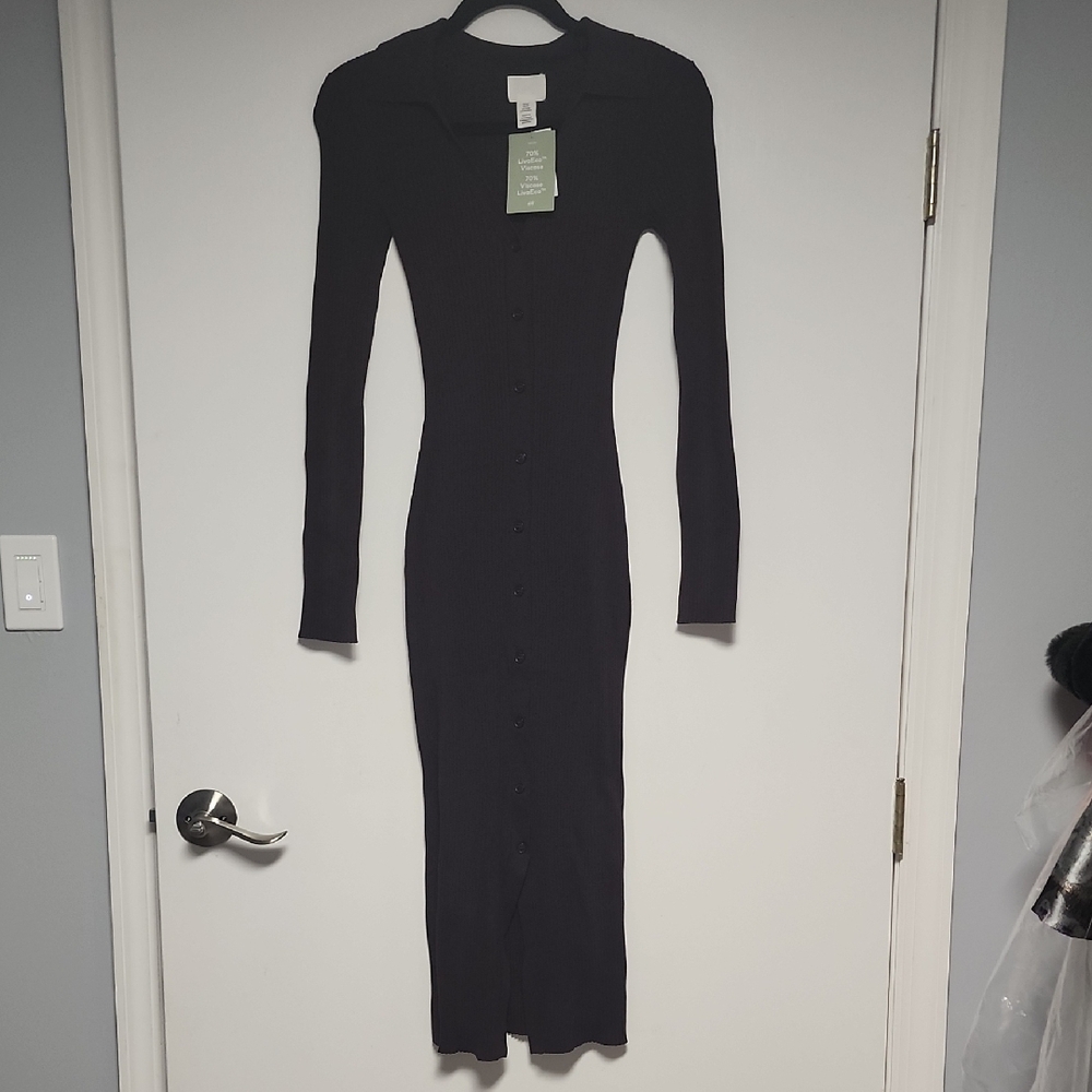 NWT H&M Brown Bodycon Ribbed Long Sleeve Button Down Dress With Collar Size XS